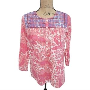 J. CREW floral pink‎ and white embroidered Oversized boho tunic size XXS